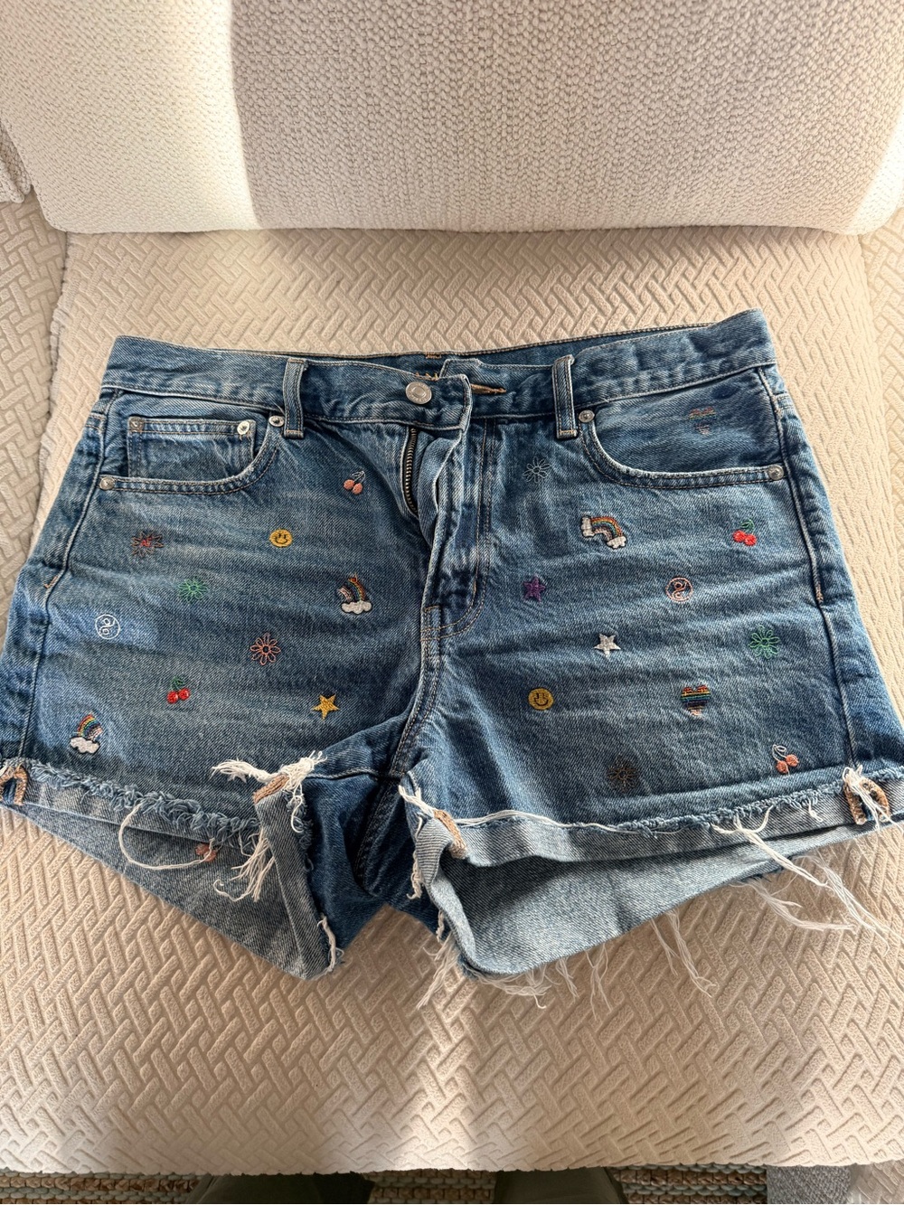 American Eagle Outfitters Blue Embroidered Denim Shorts